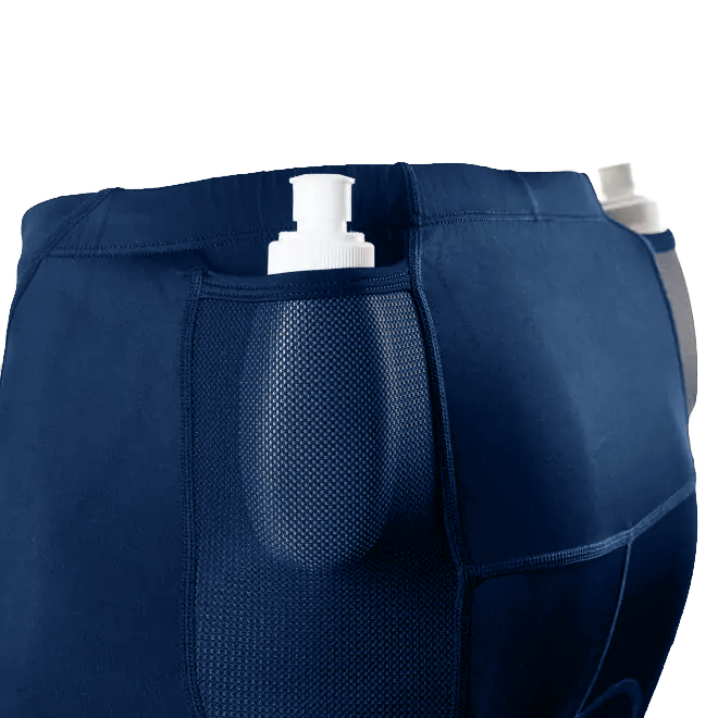 Navy blue athletic shorts with a pocket and two bottles inside on a white background