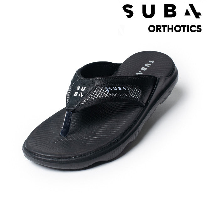 Black sandal with 'Sub4 Orthotics' branding on a white background