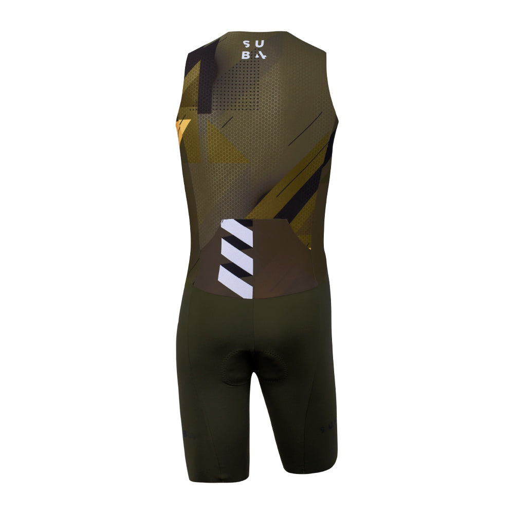 Black and green Tri suit with branding on a white background