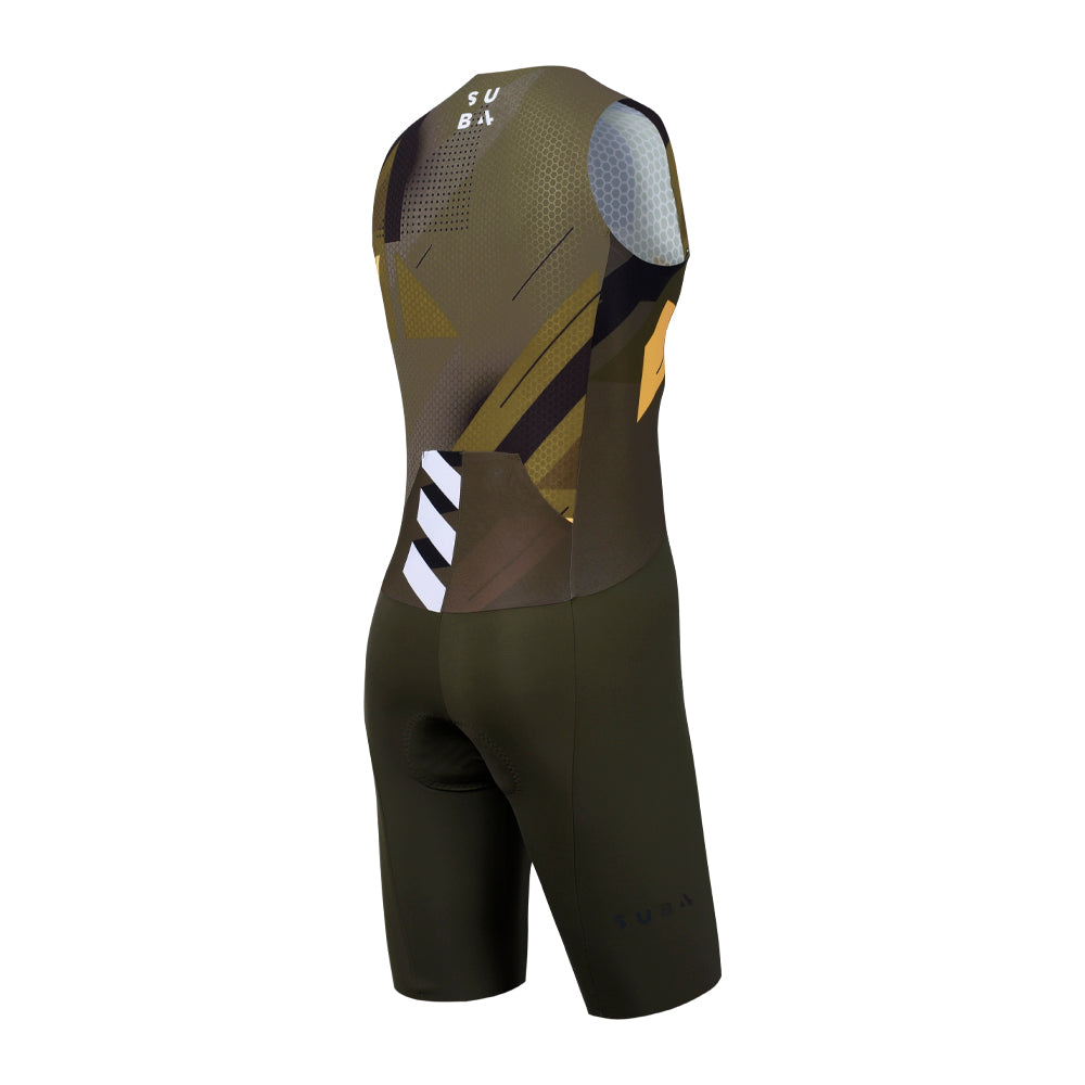 Triathlon suit with geometric design on a white background
