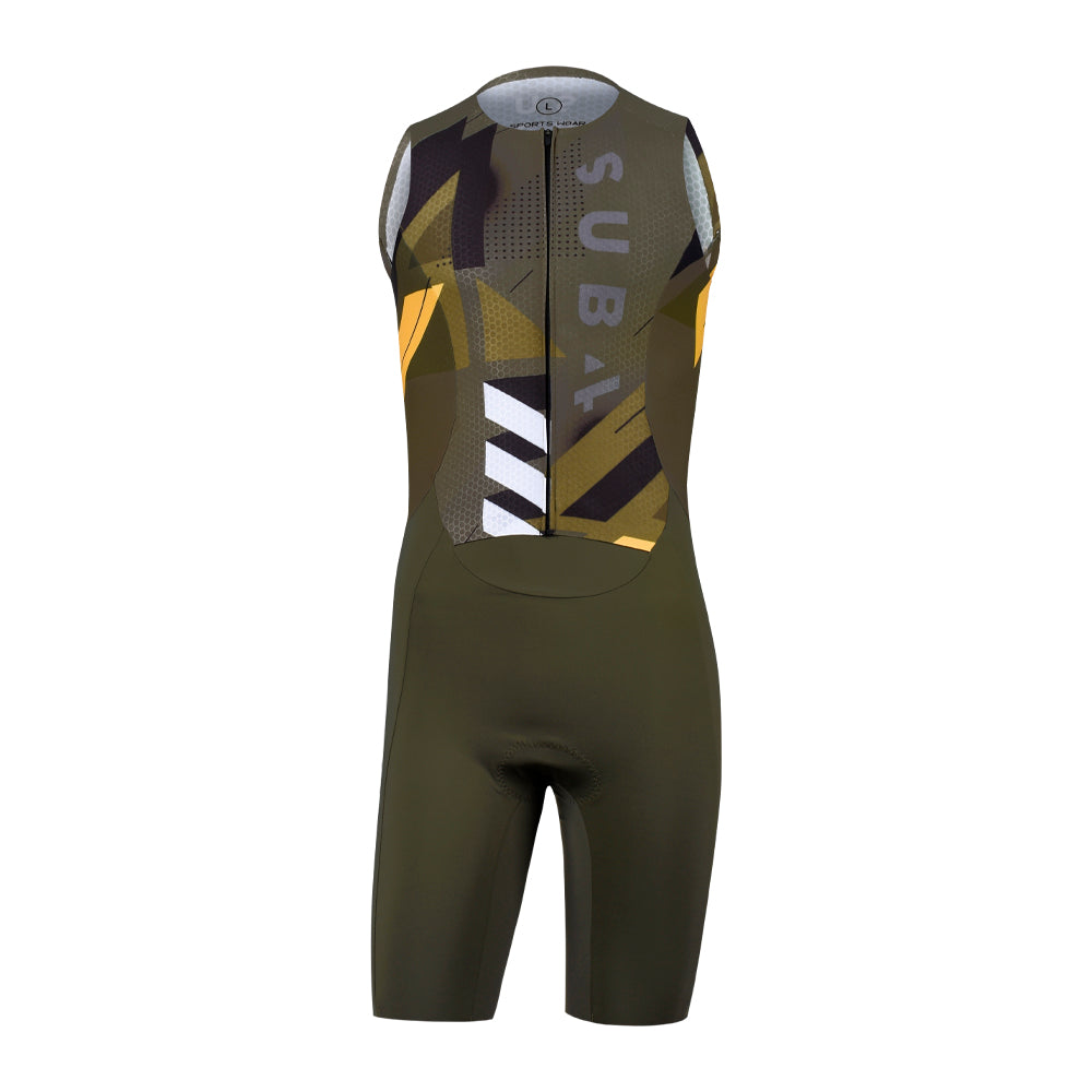 Green Tri suit with geometric patterns on a white background