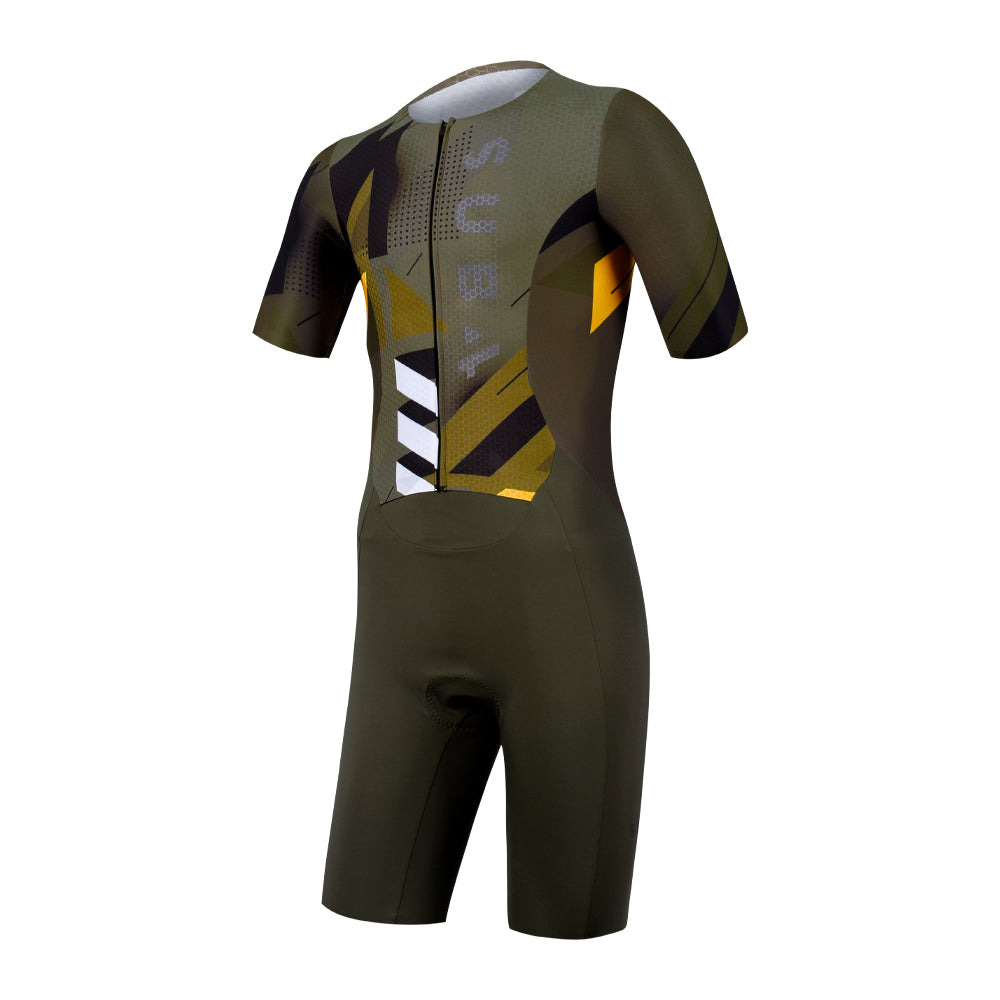 Green Triathlon suit with black and yellow accents on a white background