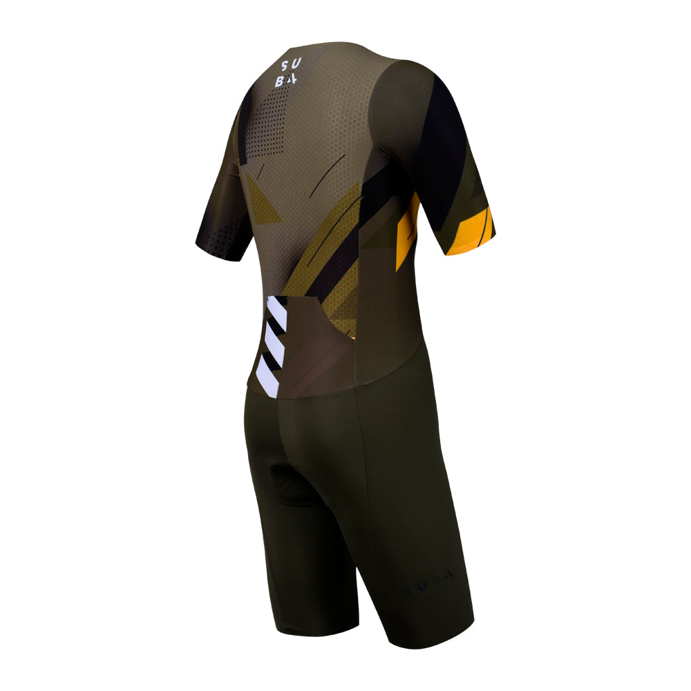 Black and yellow Triathlon suit with 'SUB4' branding on a white background