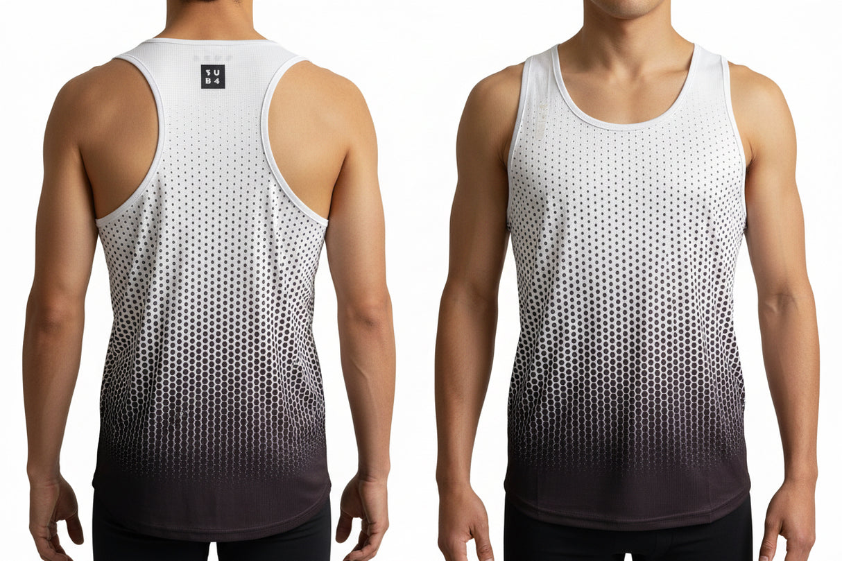 Two tank tops with a gradient pattern on a white background