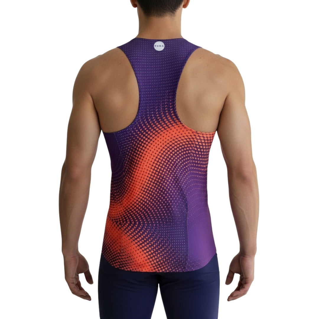 Person wearing a colorful athletic tank top with a gradient design on a white background