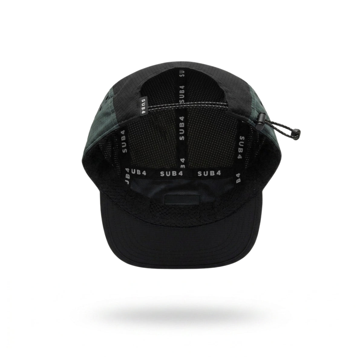 A black and coal teal running cap with a small white 'SUB4' logo patch on the side, shown floating against a white background with a soft shadow underneath.