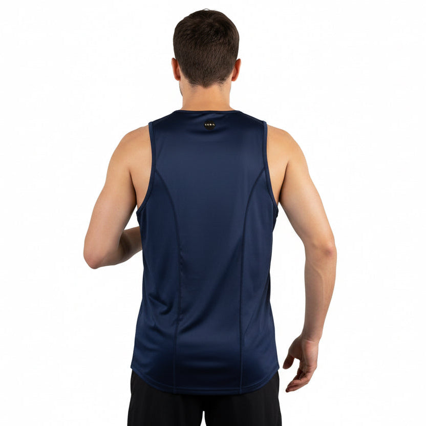 Back view of navy sleeveless shirt on a white background