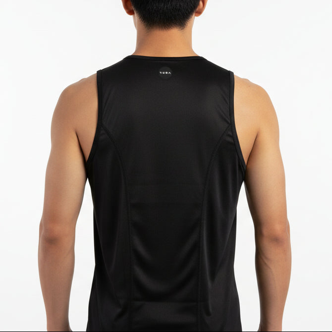 Black sleeveless shirt singlet worn by a person on a white background with SUB4 branding
