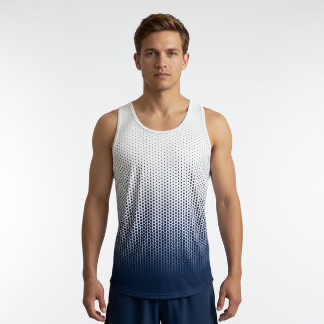 Man wearing a white and blue dot geometric gradient tank top on a light gray background