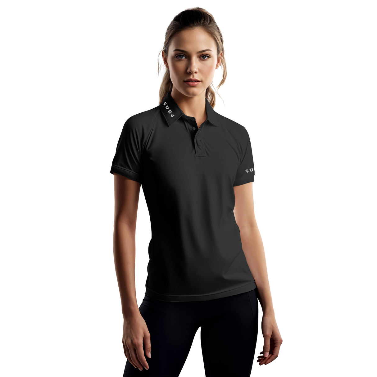 Woman wearing a black polo shirt on a white background