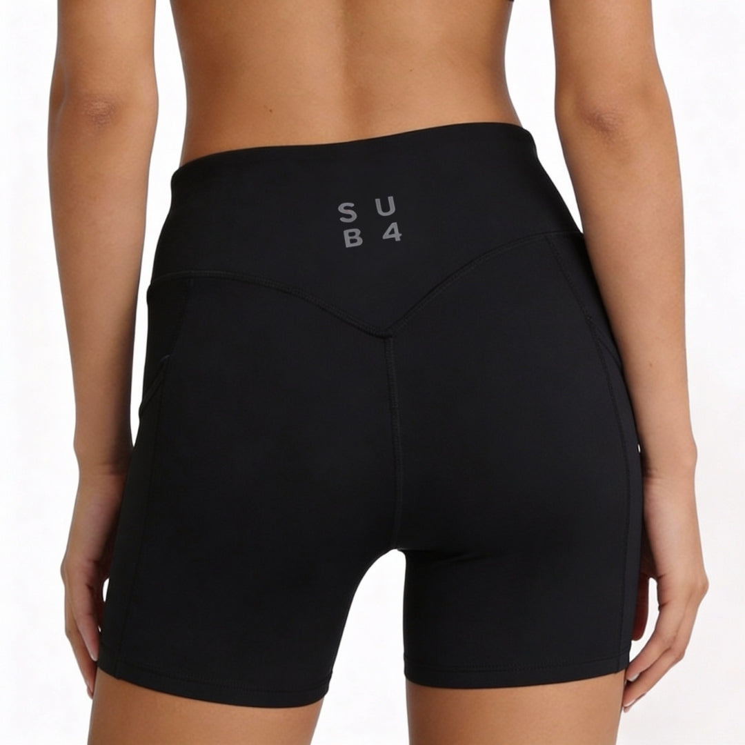 Black athletic shorts with 'SUB4' logo on a white background