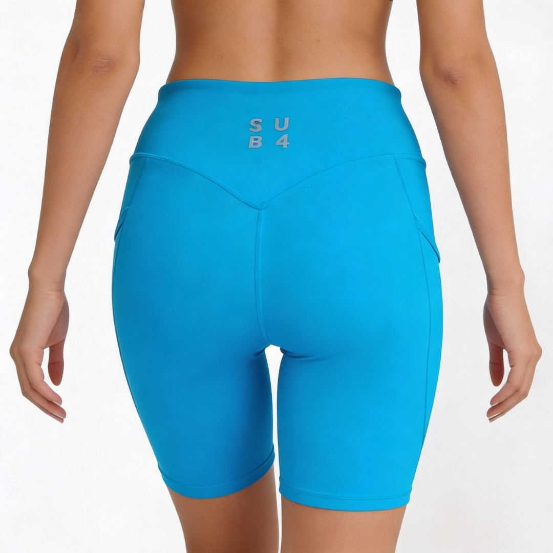 Blue athletic shorts with 'SUB 4' branding on a white background