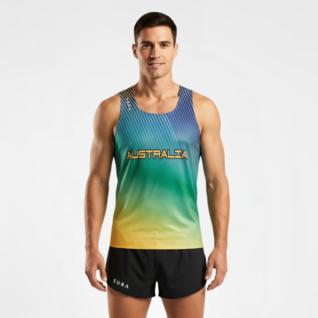 Man wearing a colorful running singlet with 'Australia' printed on it against a white background