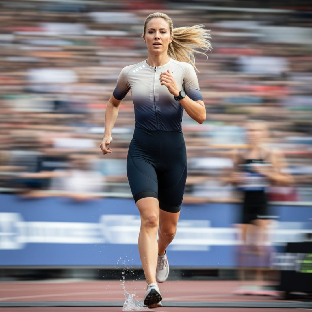 Woman running on a track with a blurred audience in the background