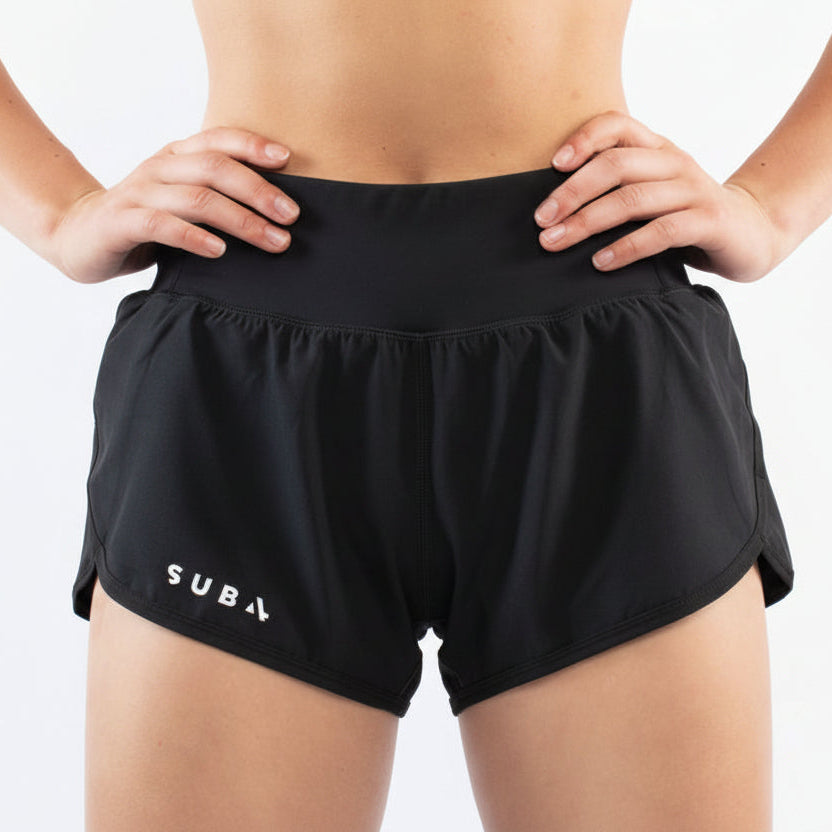 Black athletic running shorts with SUB4 branding on a white background