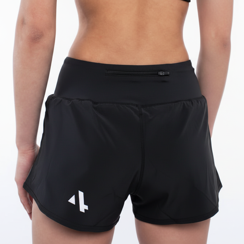Black athletic running shorts with SUB4 logo on a white background
