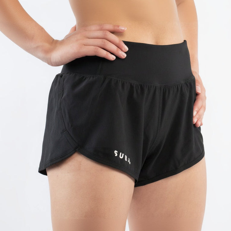 Black athletic running shorts with a brand logo on a white background