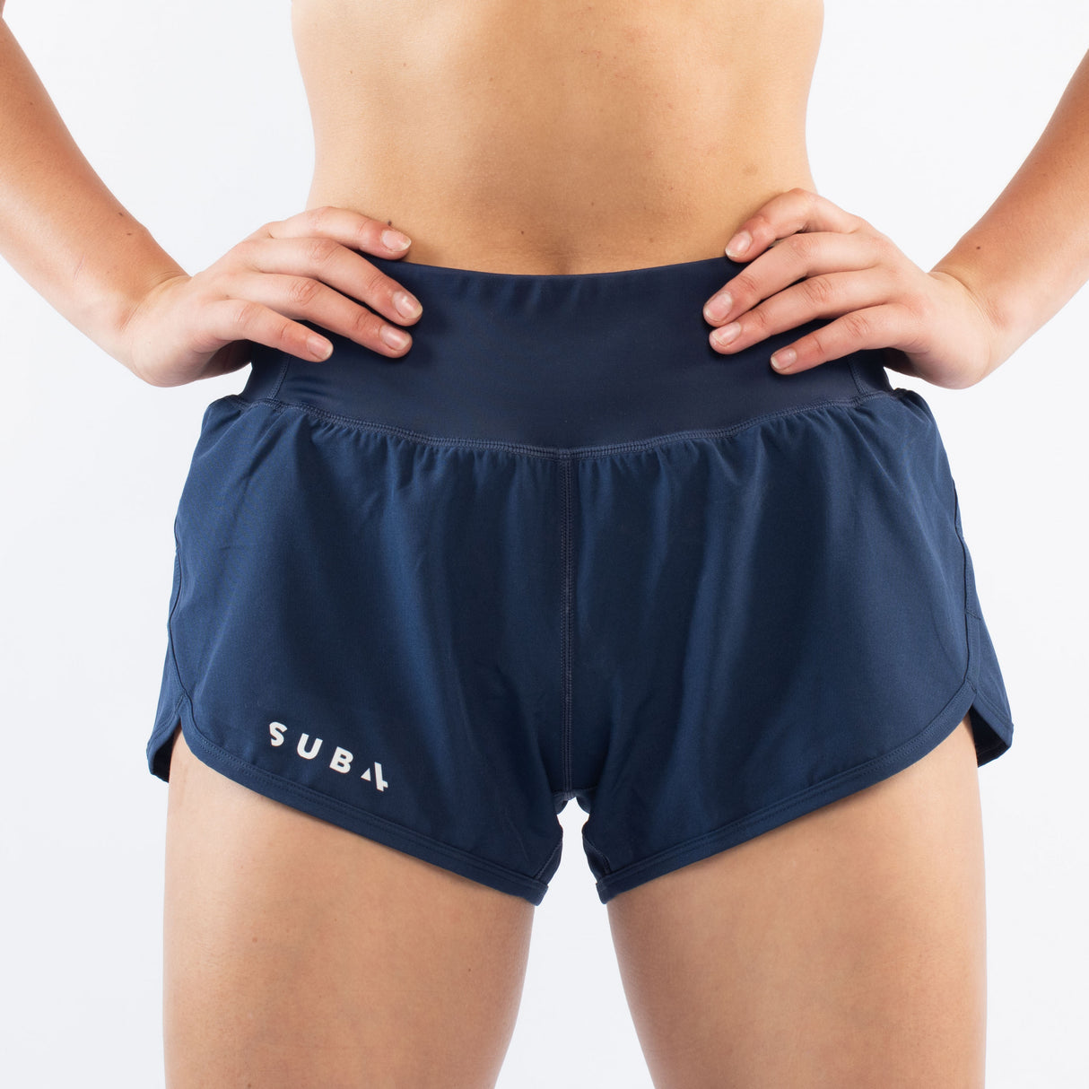 Navy blue athletic running shorts with SUB4 logo on a white background