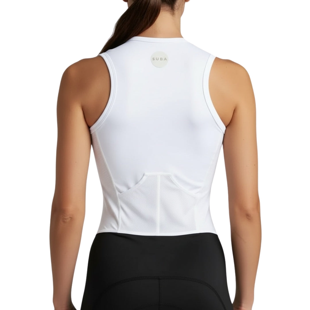 White sleeveless top worn by a person on a white background