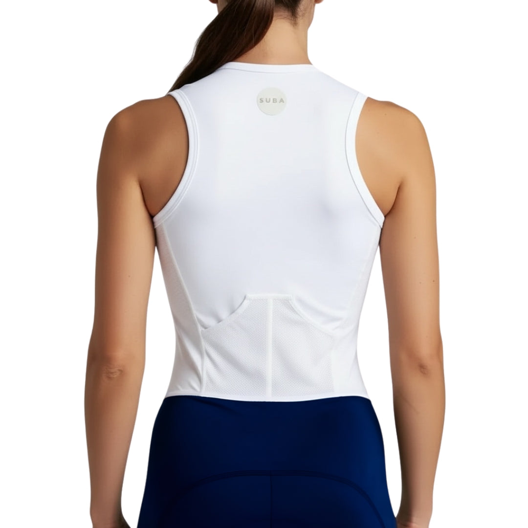 White sleeveless tri suit with a brand logo on a white background