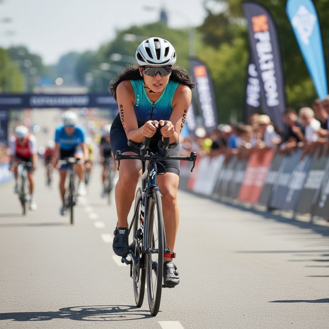 Cyclist in action during a race with spectators and flags in the background