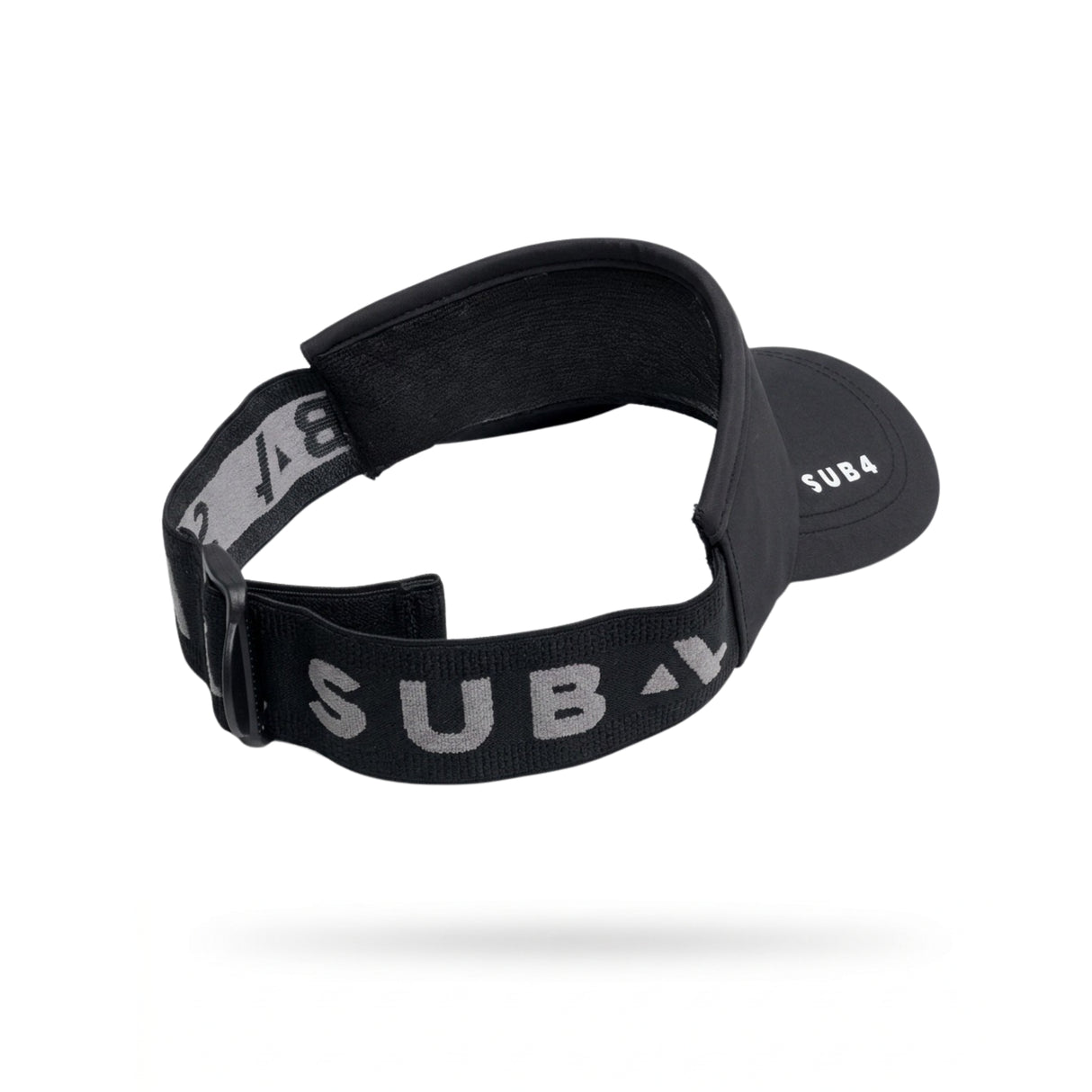 A black athletic visor with a wide, adjustable elastic strap featuring the brand name 'SUB4' in bold white letters. The visor itself has 'SUB4' printed on the side.