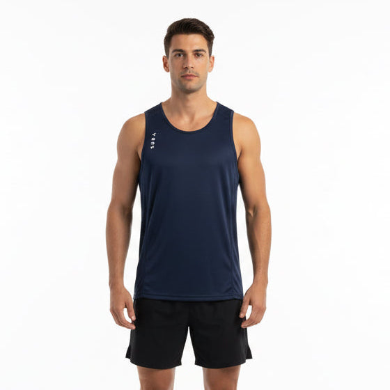 Navy sleeveless shirt with brand logo on a white background