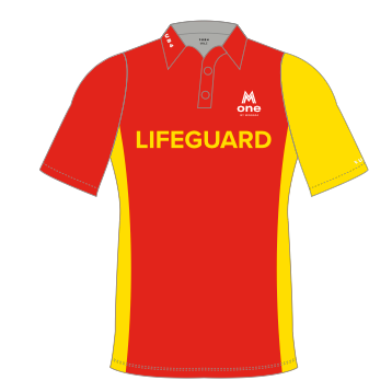 Red and yellow lifeguard shirt with 'LIFEGUARD' text on a white background
