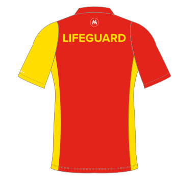 Red and yellow lifeguard shirt with 'LIFEGUARD' text on a white background