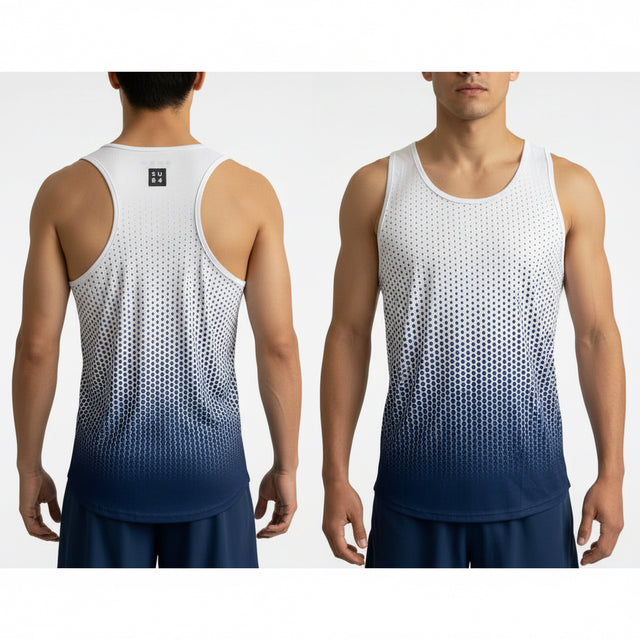 White tank top with blue gradient pattern on a mannequin against a white background