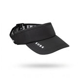 A black athletic visor with a curved brim and an adjustable black elastic back strap, featuring the white text 'SUB4' on the brim and 'SUB4' branding printed on the side of the strap, shown against a plain white background.