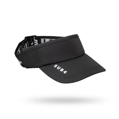 A black athletic visor with a curved brim and an adjustable black elastic back strap, featuring the white text 'SUB4' on the brim and 'SUB4' branding printed on the side of the strap, shown against a plain white background.