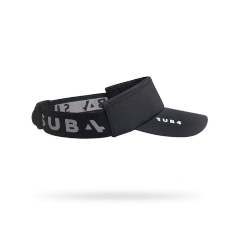 A black athletic visor with a wide, adjustable black elastic headband featuring white 'SUB4' branding, shown against a plain white background with a soft drop shadow.
