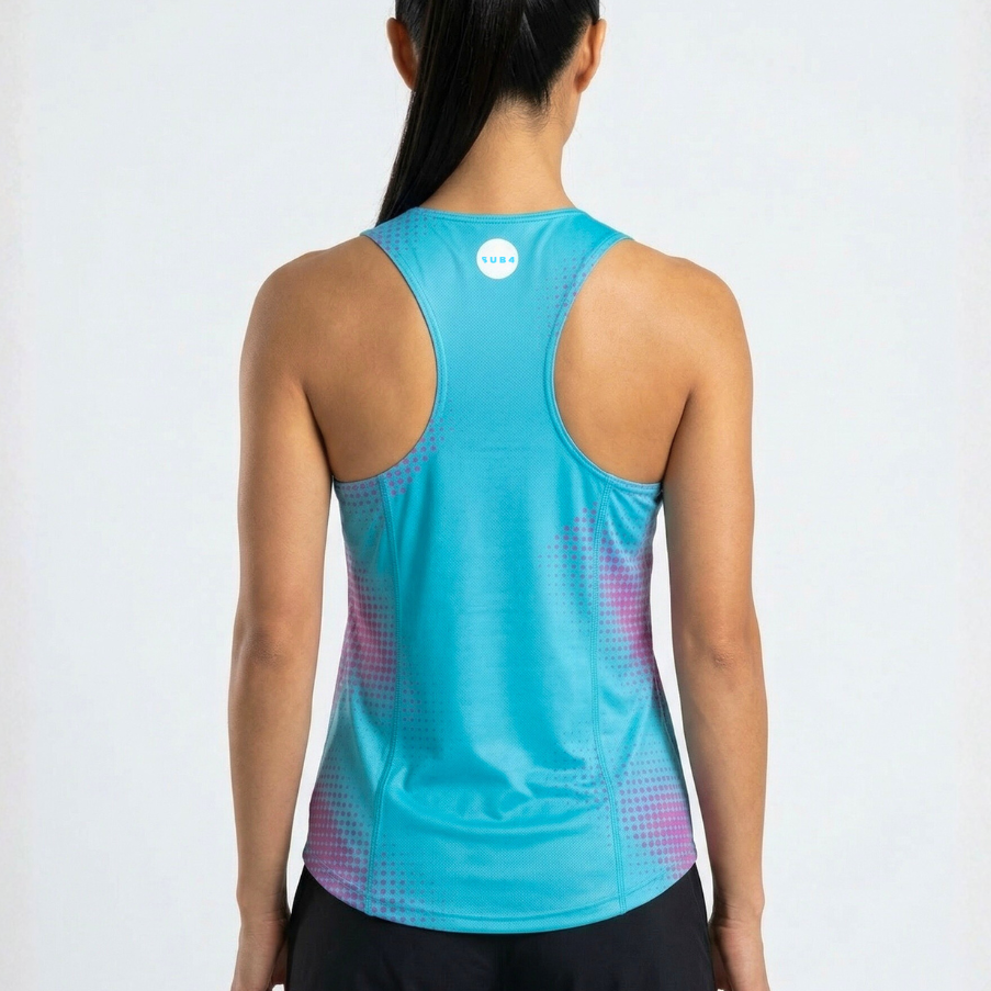 Person wearing a blue athletic tank top with a gradient design on a white background