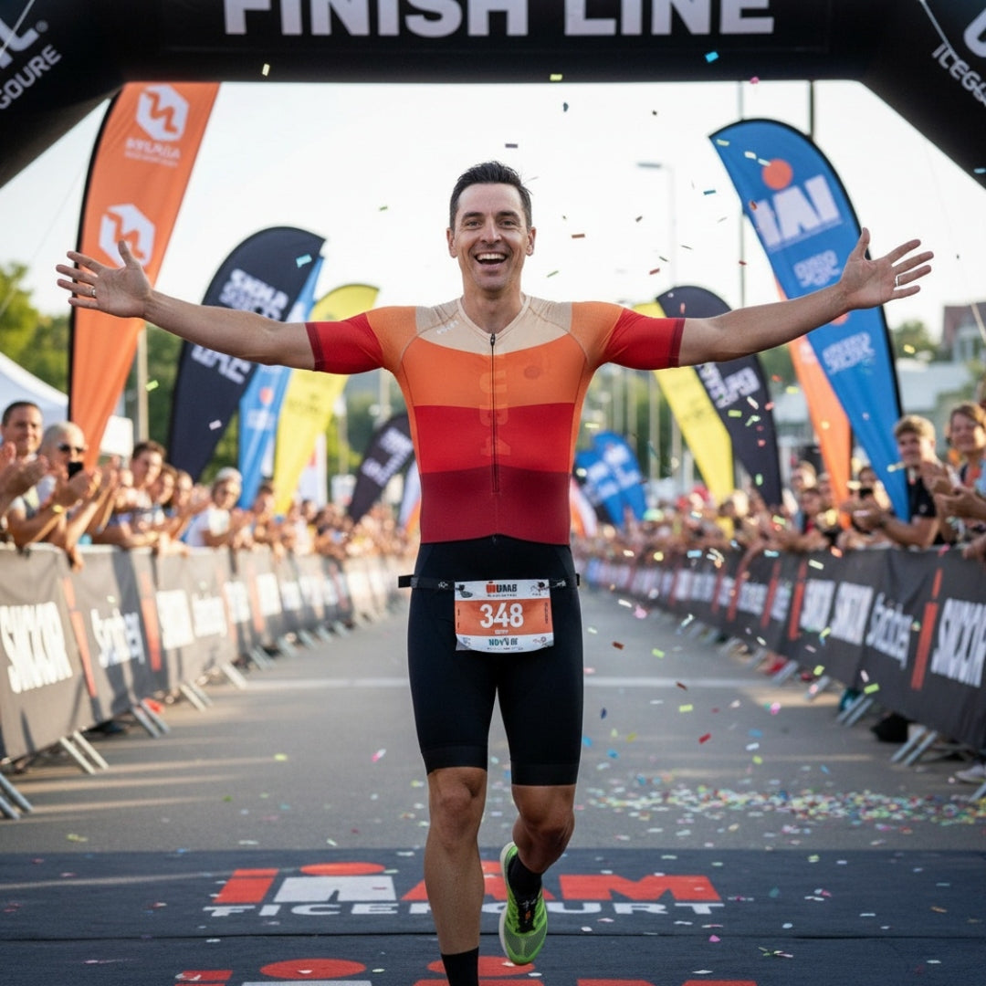 Athlete crossing the finish line in a triathlon with confetti and spectators in the background.
