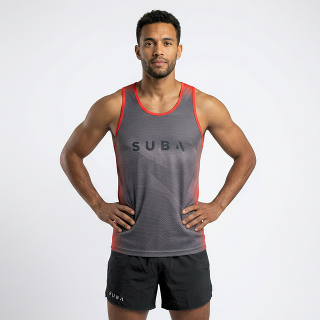 Man wearing a gray and red athletic tank top singlet with 'SUB4' branding on a white background