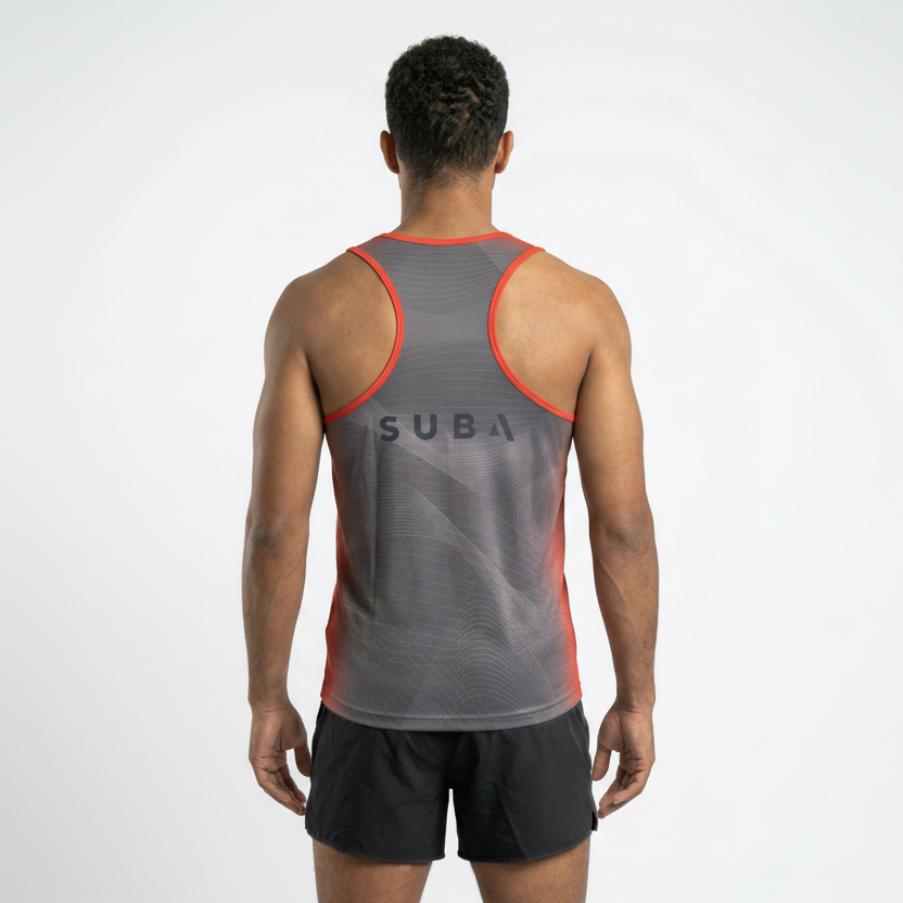 Person wearing a gray tank top with red accents and 'SUB4' branding on the back.