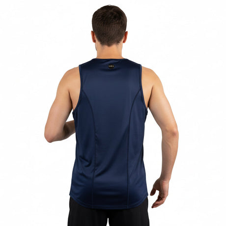 Back view of navy sleeveless shirt on a white background