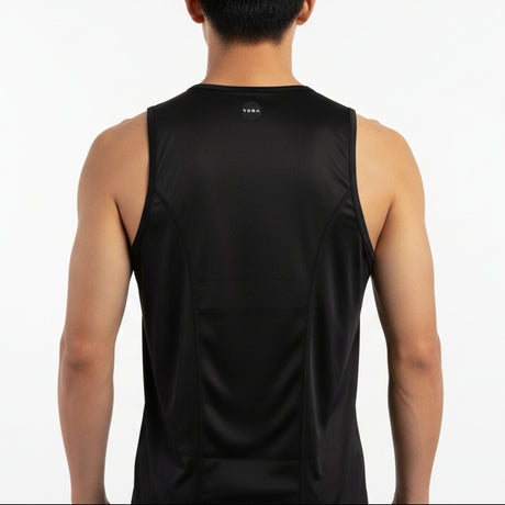 Black sleeveless shirt singlet worn by a person on a white background with SUB4 branding