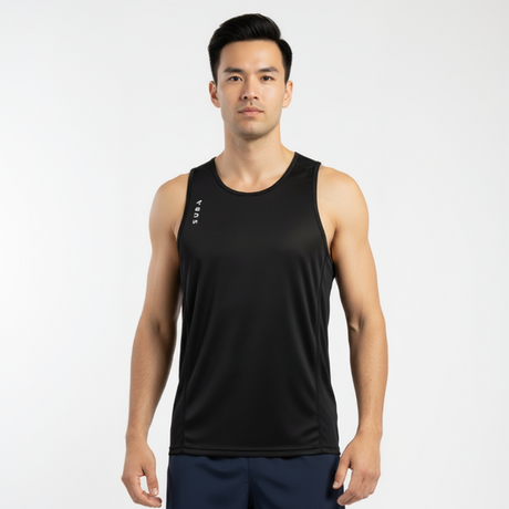 Man wearing a black singlet, sleeveless shirt with SUB4 logo on a white background