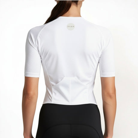 White Tri Suit worn by a person on a plain background