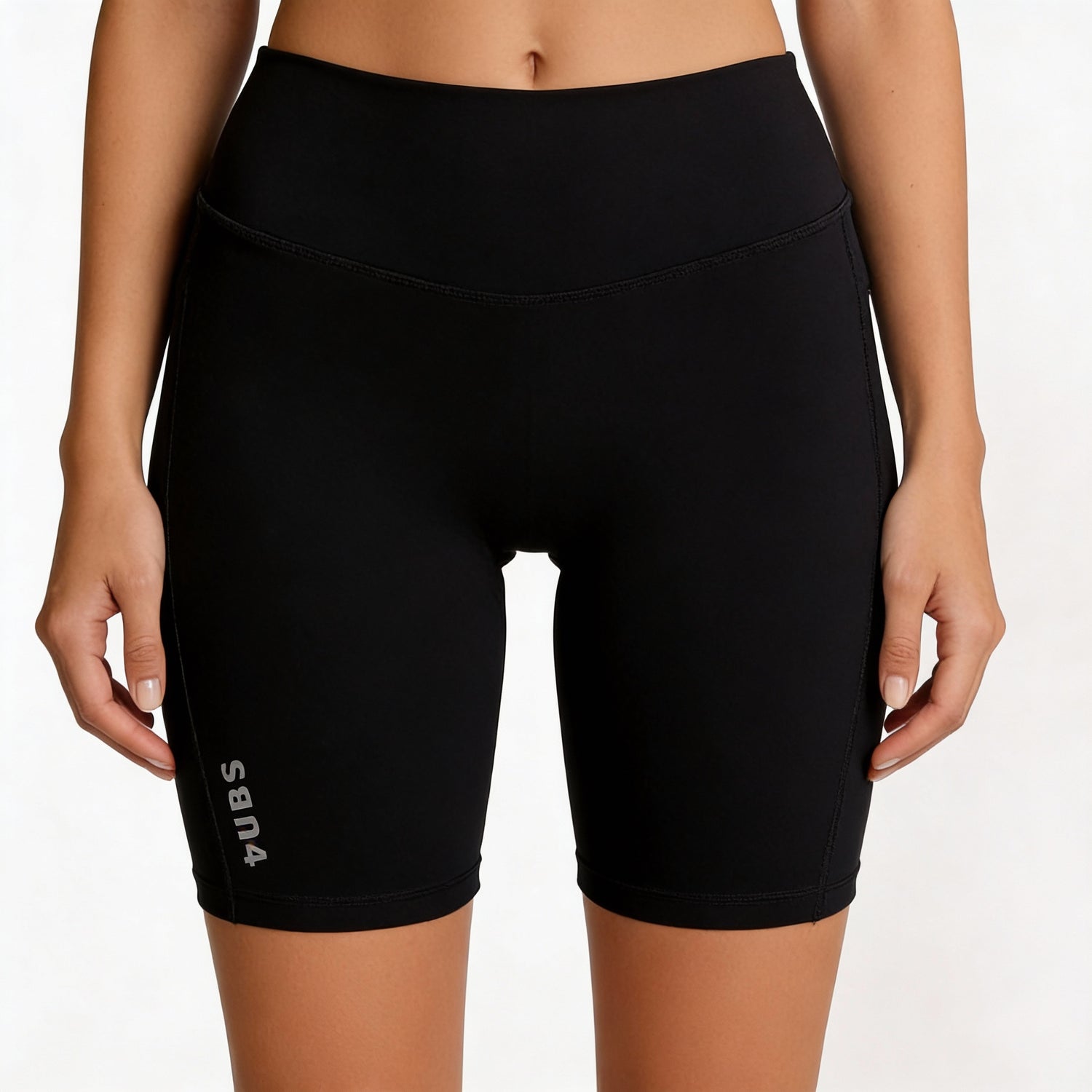Black athletic shorts with SUB4 logo on a white background