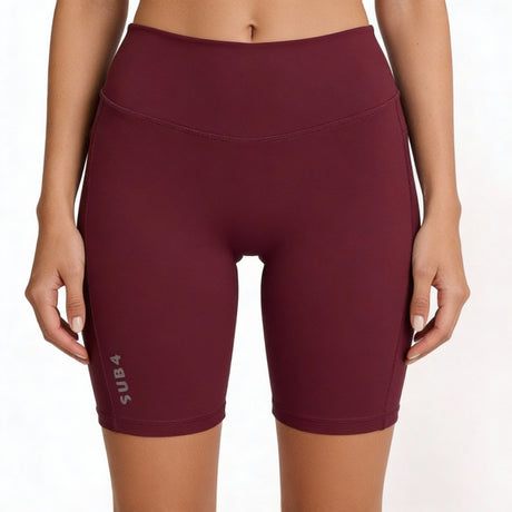 Maroon athletic shorts with Sub4 logo on a white background