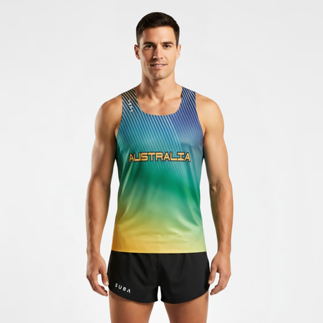 Man wearing a colorful running singlet with 'Australia' printed on it against a white background