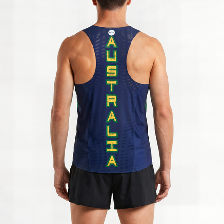 Man wearing a colorful running singlet with 'Australia' printed on it against a white background