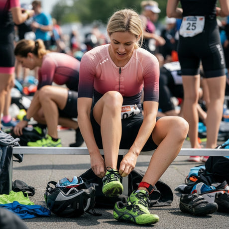 Woman preparing for a race by tying her shoes among other athletes in a crowded area.