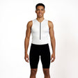 Man wearing a white sleeveless Triathlon suit on a white background