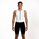 Man wearing a white sleeveless Triathlon suit on a white background