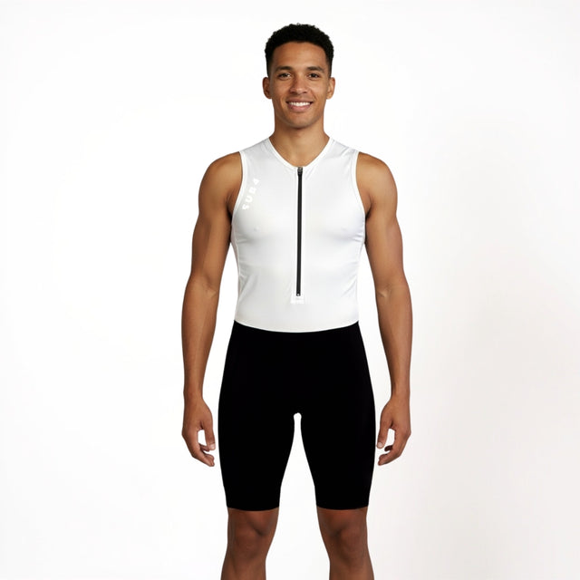 Man wearing a white sleeveless Triathlon suit on a white background