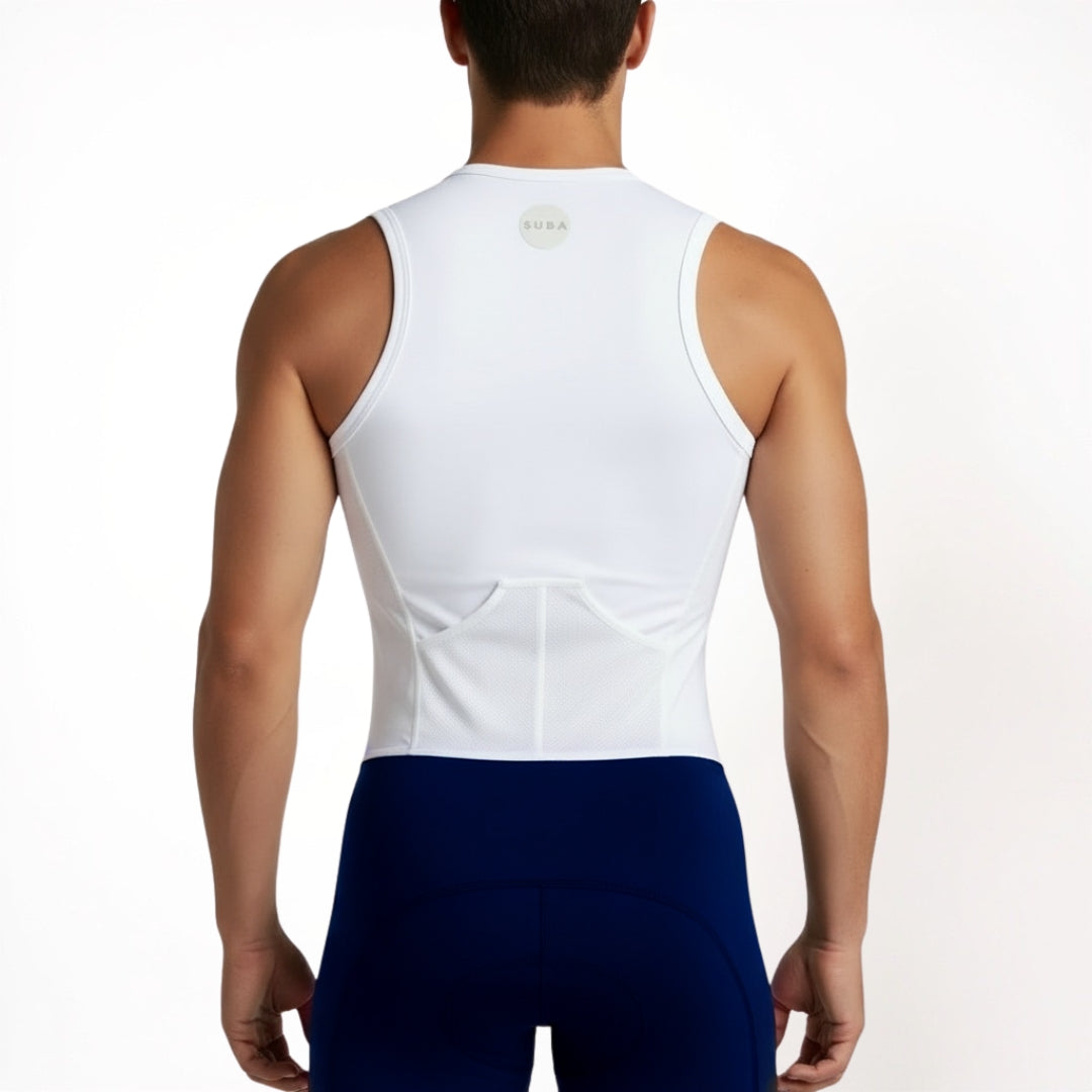 Person wearing a white sleeveless Tri Suit with Navy shorts on a white background